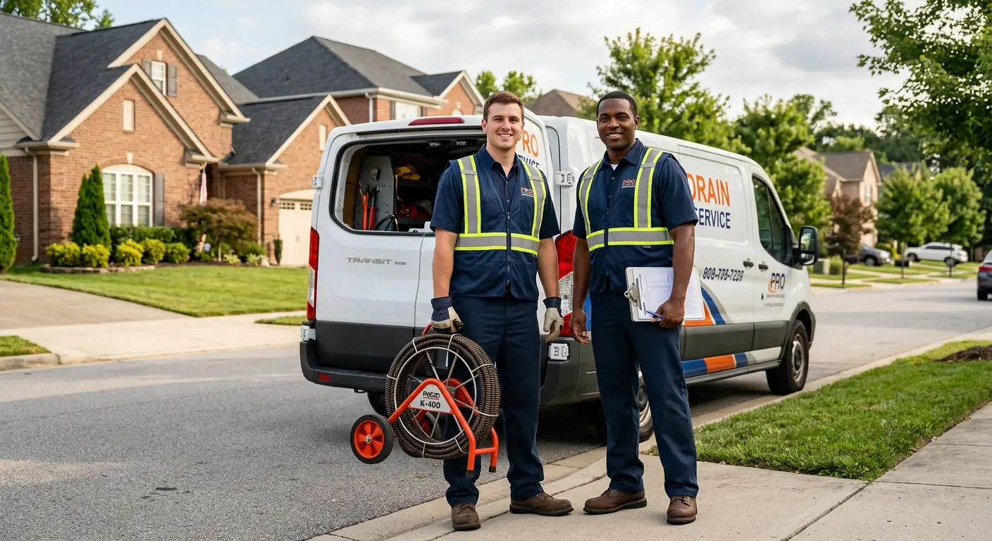 Sewer and drain service team with equipment ready for work in White Marsh