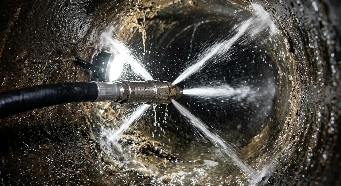 High-pressure hydro jetting nozzle cleaning sewer pipe for Emergency Drain Service in White Marsh