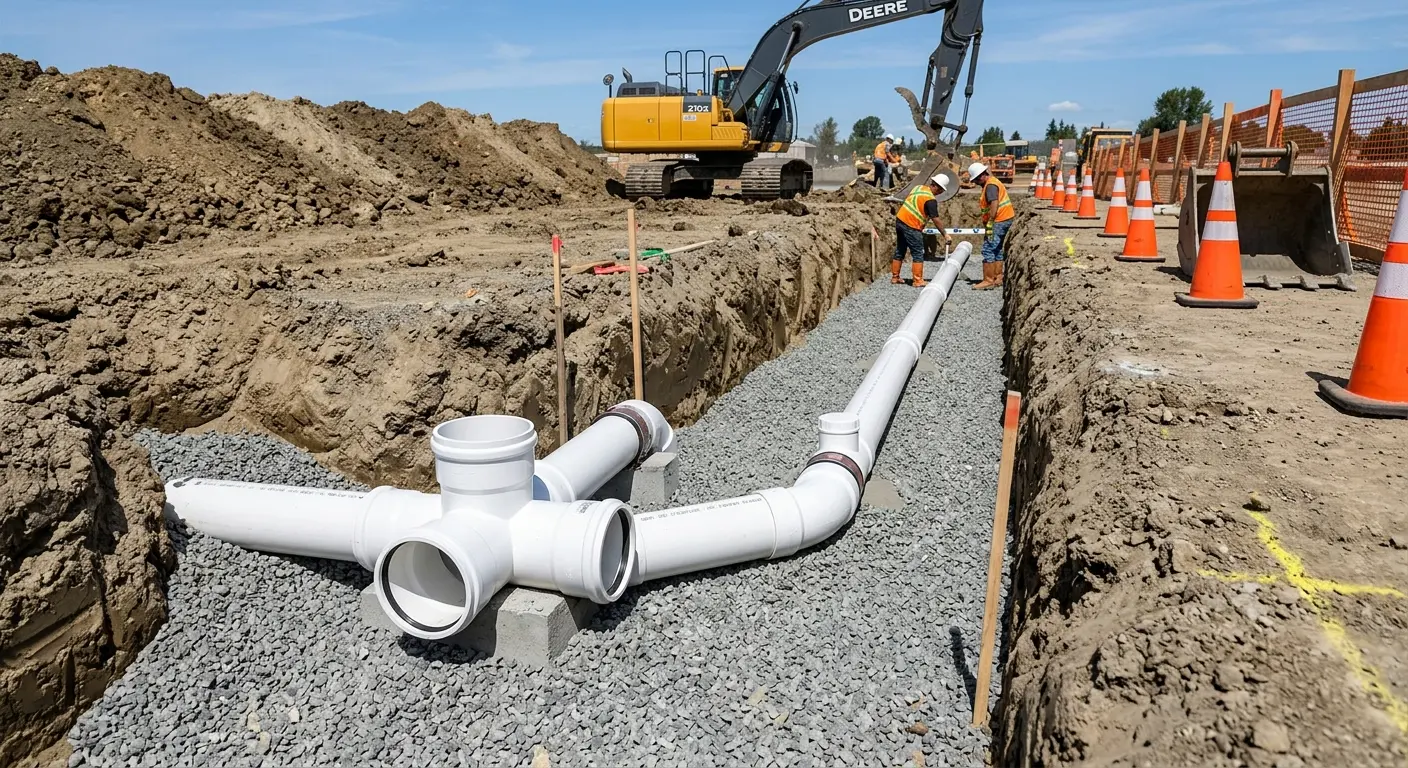 New PVC sewer pipe installation in open trench for Commercial Drain Cleaning in White Marsh