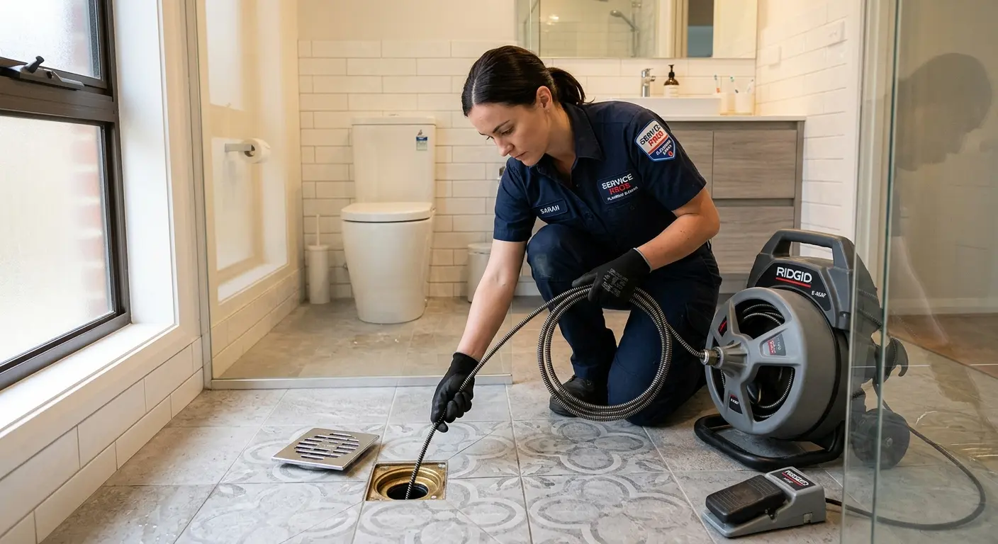 Technician clearing a bathroom floor drain for Hydro Jetting in White Marsh
